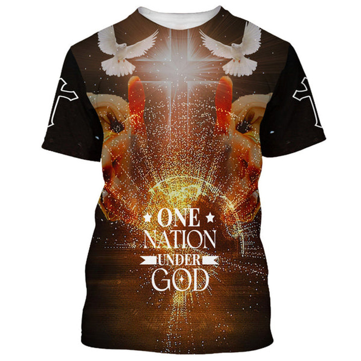 FUNSTUFFPRINT Christian Cross Jesus One Nation Under God 3d All Over Print Shirt - Christian 3d Shirts For Men Women 3D T-shirt