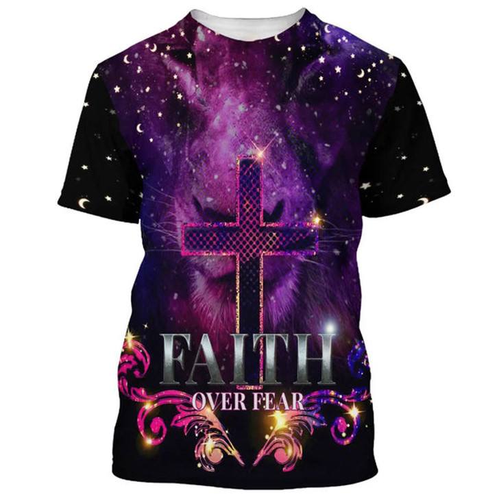FUNSTUFFPRINT Faith Over Fear Cross 3d All Over Print Shirt - Christian 3d Shirts For Men Women 3D T-shirt