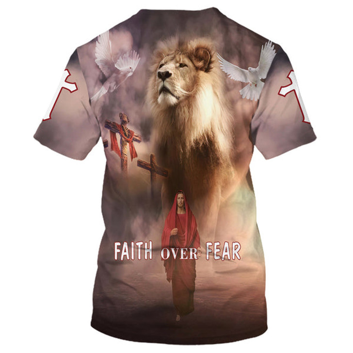 FUNSTUFFPRINT Faith Over Fear Christian Jesus 3d All Over Print Shirt - Christian 3d Shirts For Men Women 3D T-shirt