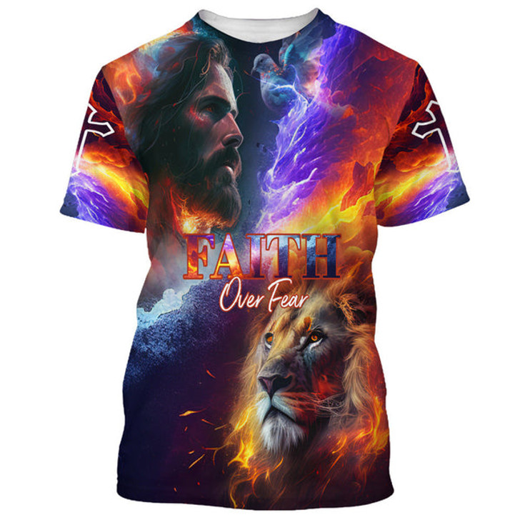 FUNSTUFFPRINT Faith Over Fear Jesus And Lion 3d All Over Print Shirt - Christian 3d Shirts For Men Women 3D T-shirt