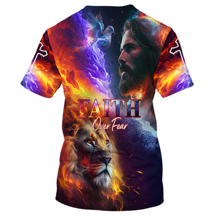 FUNSTUFFPRINT Faith Over Fear Jesus And Lion 3d All Over Print Shirt - Christian 3d Shirts For Men Women 3D T-shirt