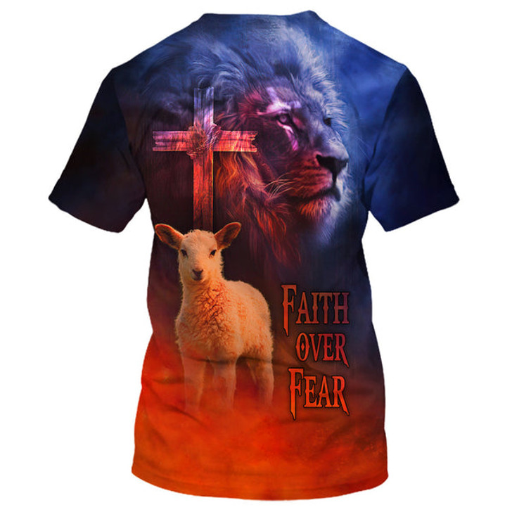 FUNSTUFFPRINT Faith Over Fear Lion And Sheep 3d All Over Print Shirt - Christian 3d Shirts For Men Women 3D T-shirt
