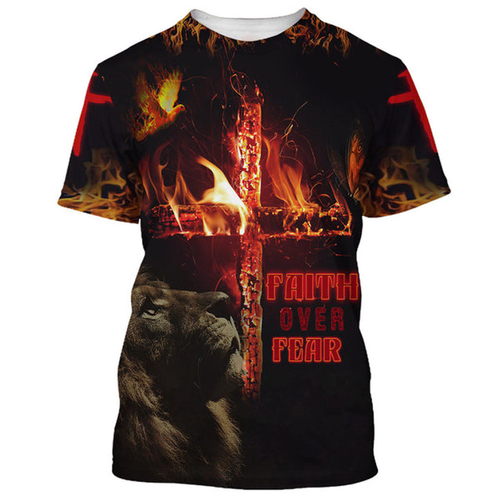 FUNSTUFFPRINT Faith Over Fear Lion Cross 3d All Over Print Shirt - Christian 3d Shirts For Men Women 3D T-shirt