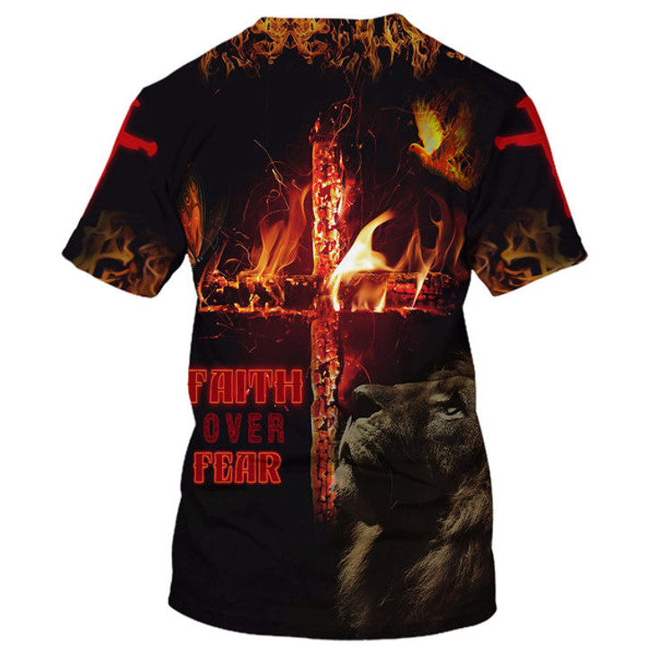 FUNSTUFFPRINT Faith Over Fear Lion Cross 3d All Over Print Shirt - Christian 3d Shirts For Men Women 3D T-shirt