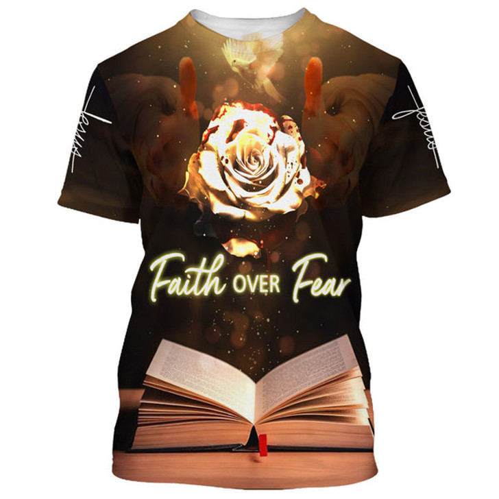 FUNSTUFFPRINT Faith Over Fear Roses 3d All Over Print Shirt - Christian 3d Shirts For Men Women 3D T-shirt