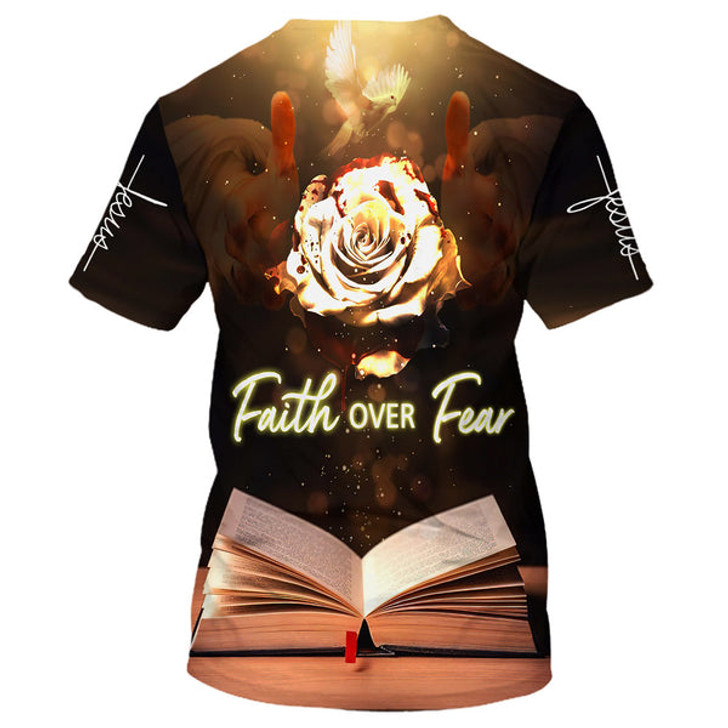 FUNSTUFFPRINT Faith Over Fear Roses 3d All Over Print Shirt - Christian 3d Shirts For Men Women 3D T-shirt