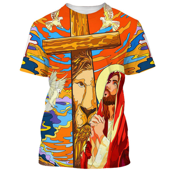 FUNSTUFFPRINT Jesus Praying Lion Of Judah Christian Cross Faith 3d All Over Print Shirt - Christian 3d Shirts For Men Women 3D T-shirt
