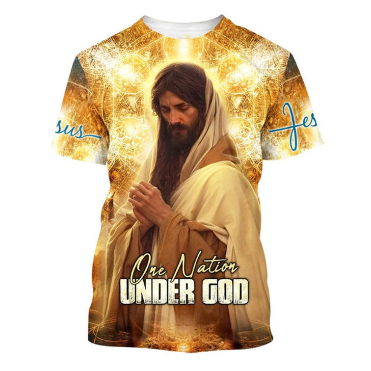 FUNSTUFFPRINT Jesus Praying One Nation Under God 3d All Over Print Shirt - Christian 3d Shirts For Men Women 3D T-shirt