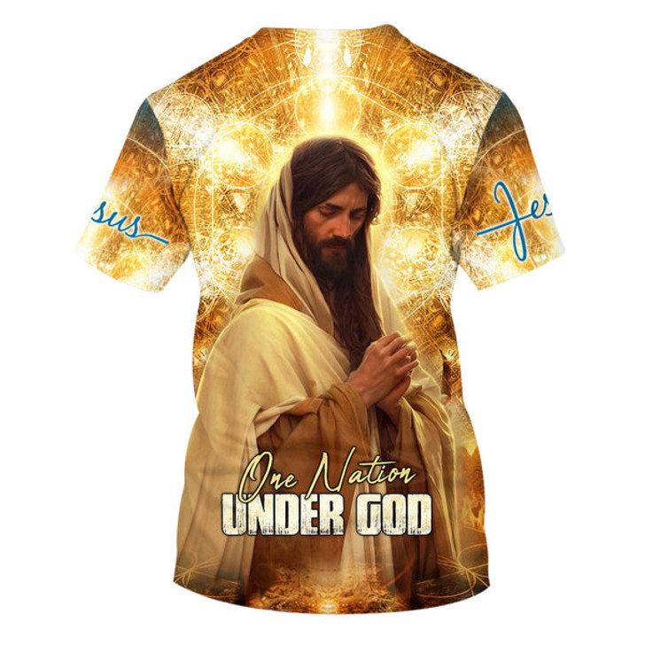 FUNSTUFFPRINT Jesus Praying One Nation Under God 3d All Over Print Shirt - Christian 3d Shirts For Men Women 3D T-shirt