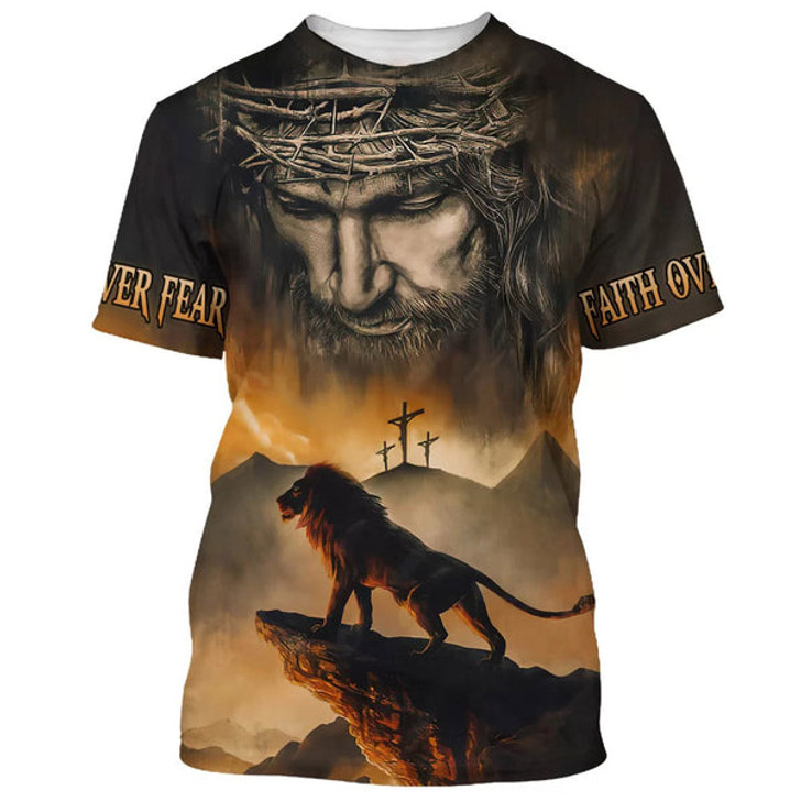 FUNSTUFFPRINT Lion Jesus Faith Over Fear 3d All Over Print Shirt - Christian 3d Shirts For Men Women 3D T-shirt