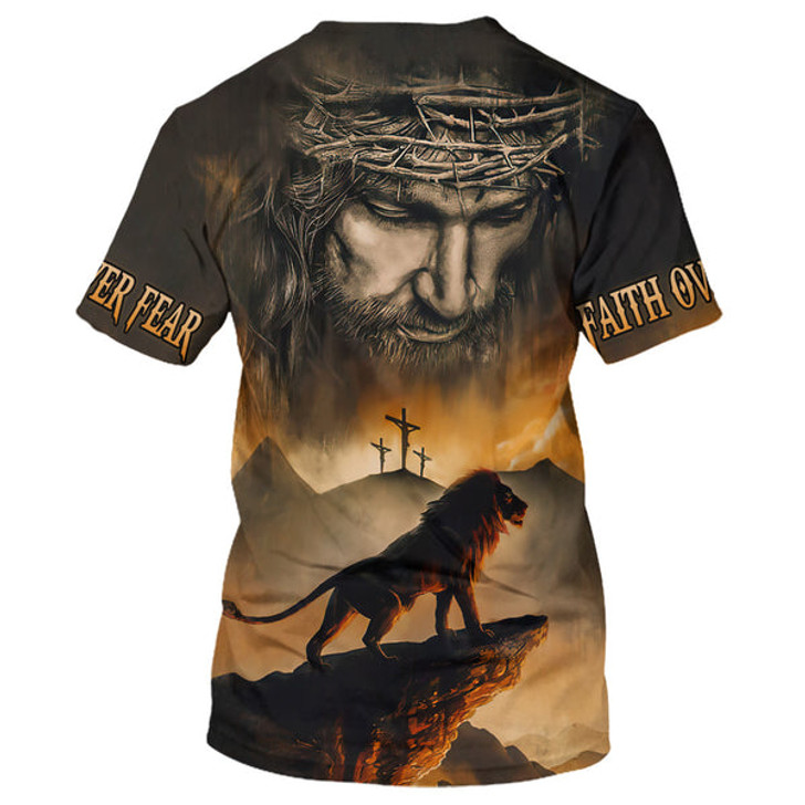FUNSTUFFPRINT Lion Jesus Faith Over Fear 3d All Over Print Shirt - Christian 3d Shirts For Men Women 3D T-shirt
