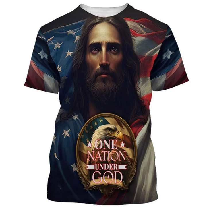 FUNSTUFFPRINT One Nation Under God Jesus Eagle America 3d All Over Print Shirt - Christian 3d Shirts For Men Women 3D T-shirt