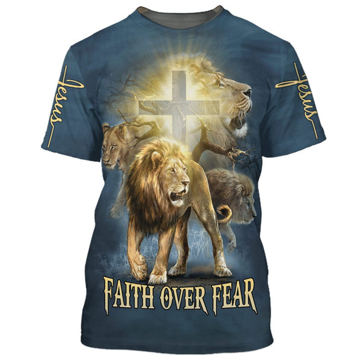 FUNSTUFFPRINT Faith Over Fear Lion Cross 3D All Over Printed Shirt for Men and Women 3D T-shirt