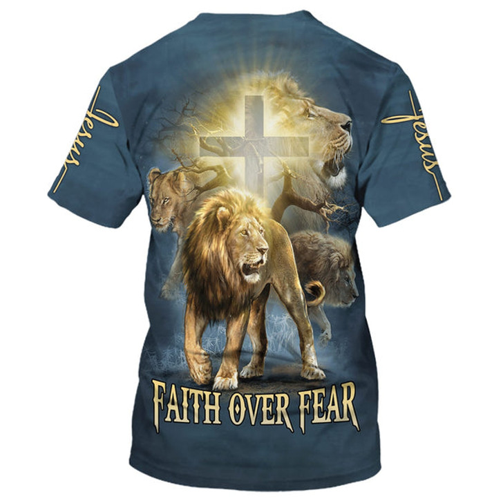 FUNSTUFFPRINT Faith Over Fear Lion Cross 3D All Over Printed Shirt for Men and Women 3D T-shirt