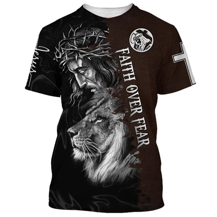 FUNSTUFFPRINT Faith Over Fear Shirts - Jesus And The Lion Of Judah 3D All Over Printed Shirt for Men and Women 3D T-shirt