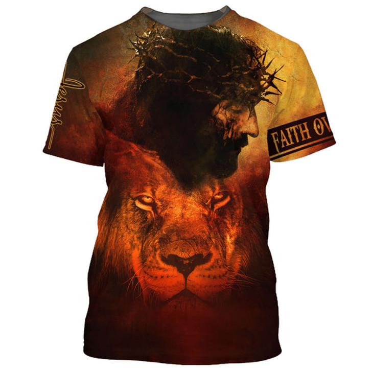 FUNSTUFFPRINT Faith Over Fear Shirts - Jesus And The Lion 3D All Over Printed Shirt for Men and Women 3D T-shirt