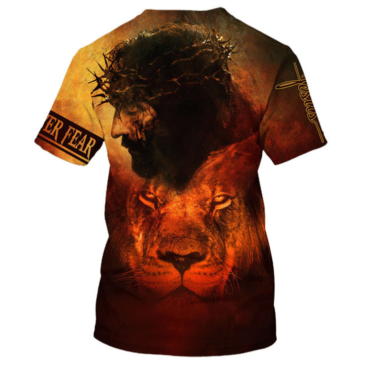 FUNSTUFFPRINT Faith Over Fear Shirts - Jesus And The Lion 3D All Over Printed Shirt for Men and Women 3D T-shirt