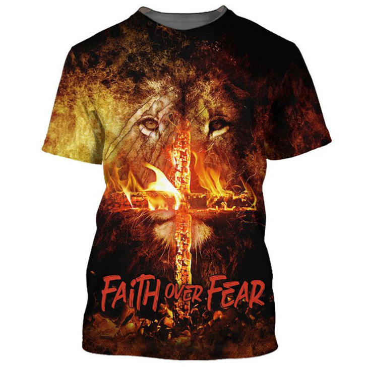 FUNSTUFFPRINT Faith Over Fear Shirts - Lion Burning Fire Cross 3D All Over Printed Shirt for Men and Women 3D T-shirt