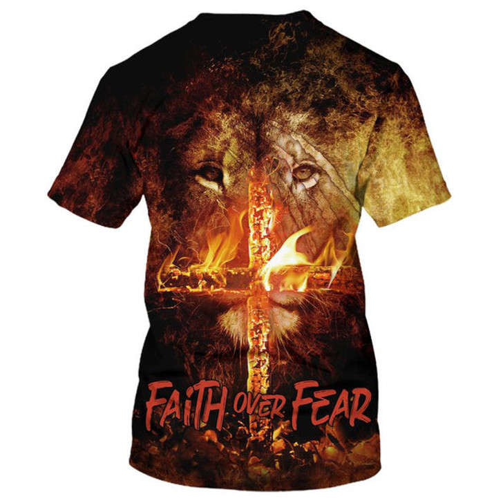FUNSTUFFPRINT Faith Over Fear Shirts - Lion Burning Fire Cross 3D All Over Printed Shirt for Men and Women 3D T-shirt