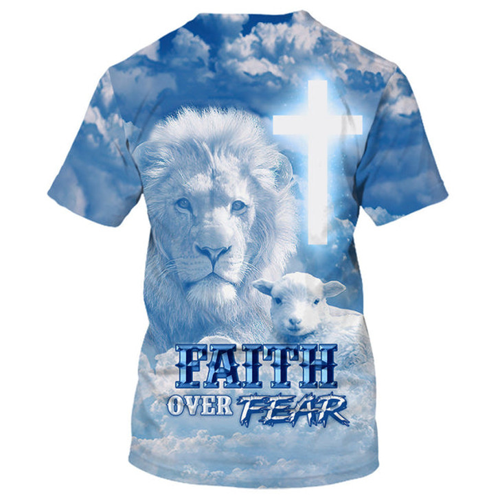 FUNSTUFFPRINT Faith Over Fear Shirts - The Lion Cross And Lamb 3D All Over Printed Shirt for Men and Women 3D T-shirt