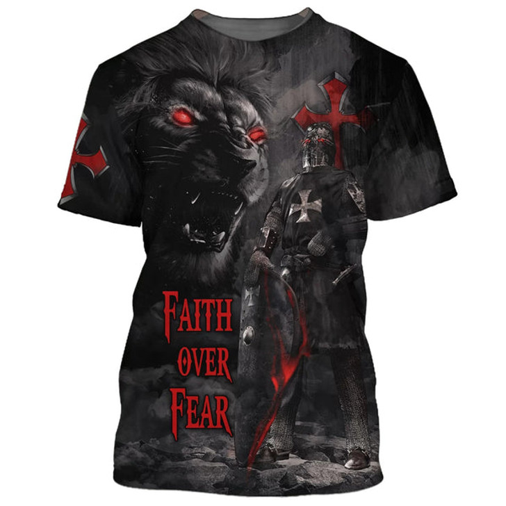 FUNSTUFFPRINT Faith Over Fear Warrior Lion 3D All Over Printed Shirt for Men and Women 3D T-shirt