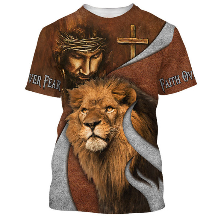 FUNSTUFFPRINT Jesus And The Lion Of Judah Shirts - Faith Over Fear 3D All Over Printed Shirt for Men and Women 3D T-shirt