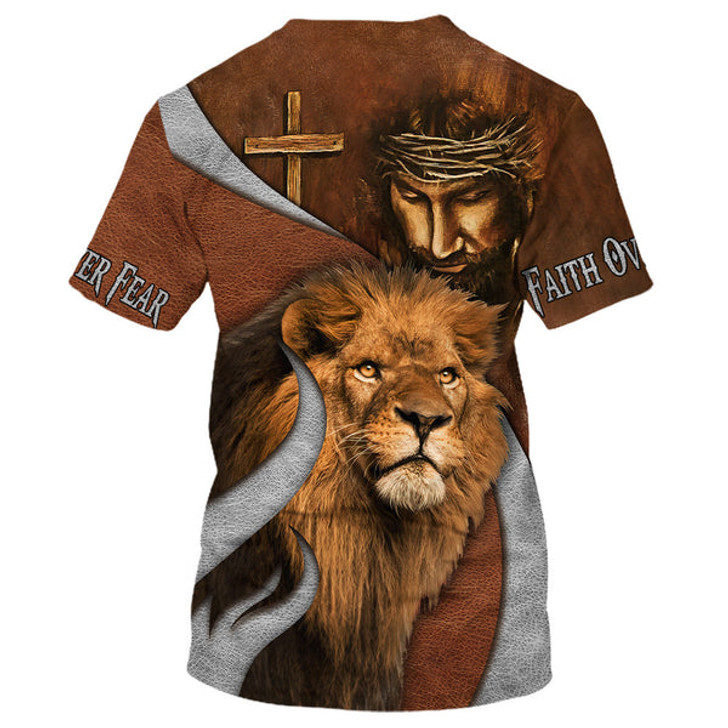 FUNSTUFFPRINT Jesus And The Lion Of Judah Shirts - Faith Over Fear 3D All Over Printed Shirt for Men and Women 3D T-shirt