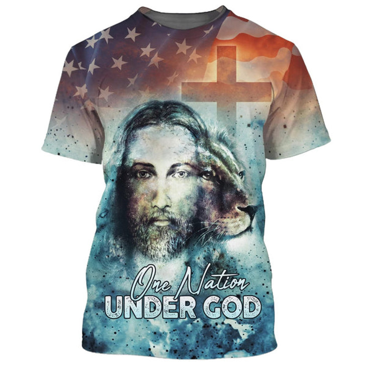 FUNSTUFFPRINT One Nation Under God Jesus Lion And Cross 3D All Over Printed Shirt for Men and Women
 3D T-shirt