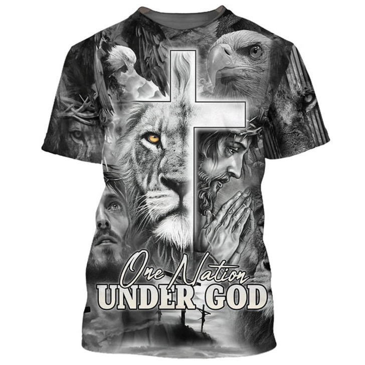 FUNSTUFFPRINT One Nation Under God Shirts - Jesus Prayer Lion And Eagle 3D All Over Printed Shirt for Men and Women
 3D T-shirt