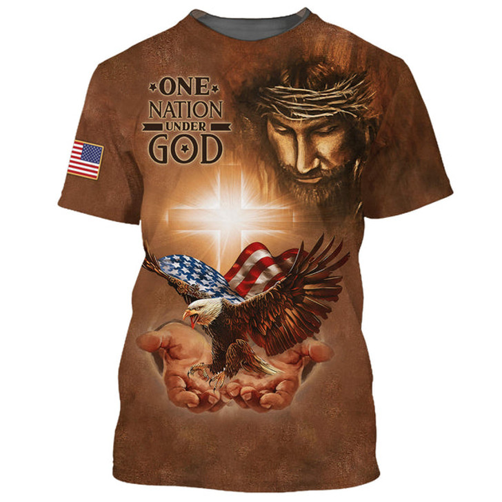 FUNSTUFFPRINT One Nation Under God Shirts American Eagle Christian Jesus 3D All Over Printed Shirt for Men and Women
 3D T-shirt