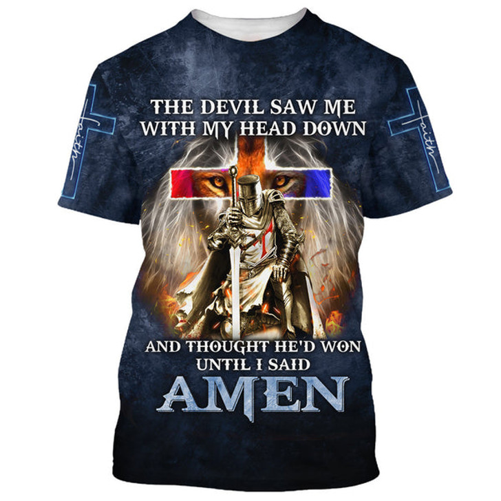 FUNSTUFFPRINT The Devil Saw Me With My Head Down Shirts - Lion Cross Warrior 3D All Over Printed Shirt for Men and Women
 3D T-shirt