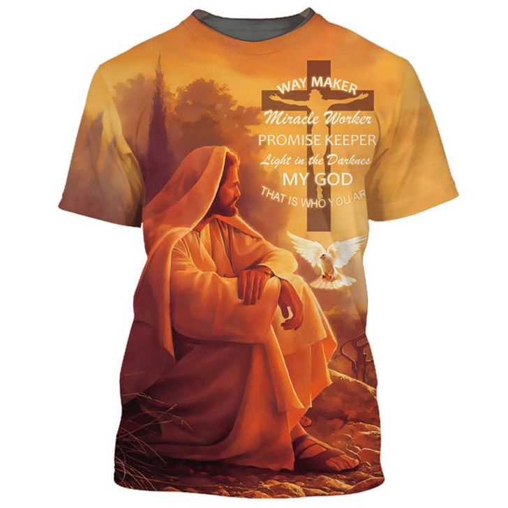 FUNSTUFFPRINT Way Maker Miracle Worker Promise Keeper Shirts - Jesus Sitting 3D All Over Printed Shirt for Men and Women
 3D T-shirt