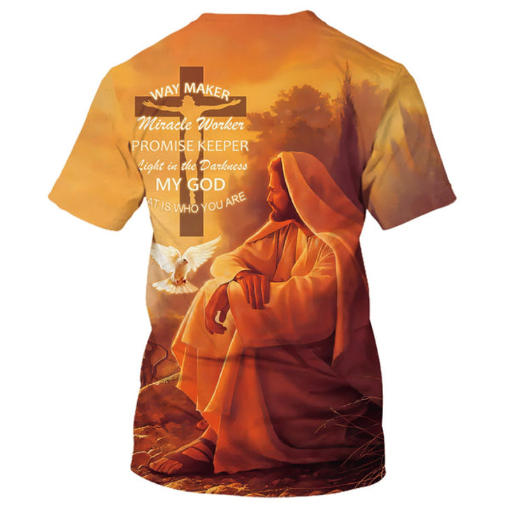 FUNSTUFFPRINT Way Maker Miracle Worker Promise Keeper Shirts - Jesus Sitting 3D All Over Printed Shirt for Men and Women
 3D T-shirt