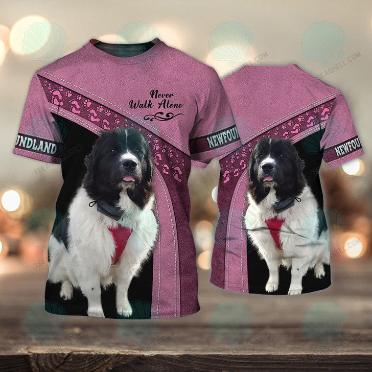 FUNSTUFFPRINT Newfoundland Love Pink Never Walk Alone 3D Full Print Shirts, Christmas Dog Memorial Gifts for loss of Dog 3D T-shirt