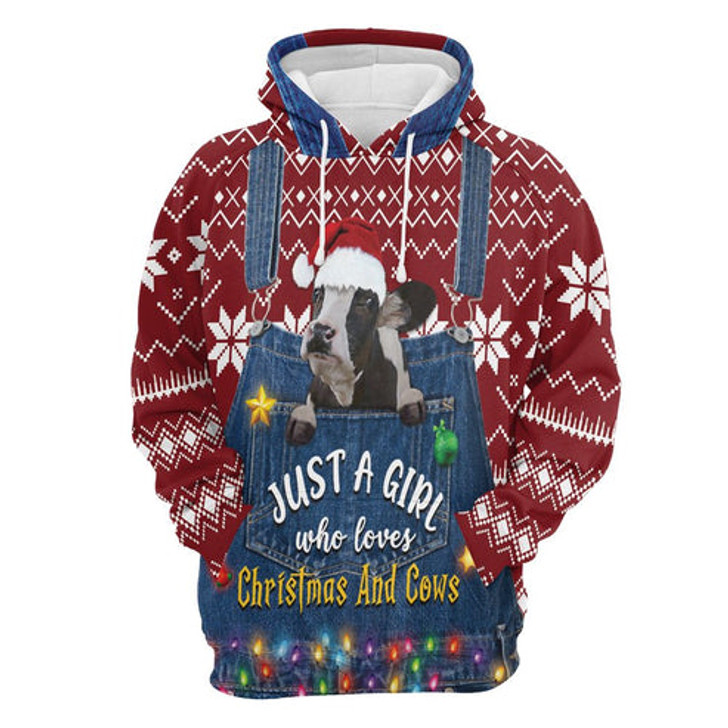 FUNSTUFFPRINT 3D Just A Girl Who Loves Christmas And Cows All Over 3D Hoodie and Zip Hoodie