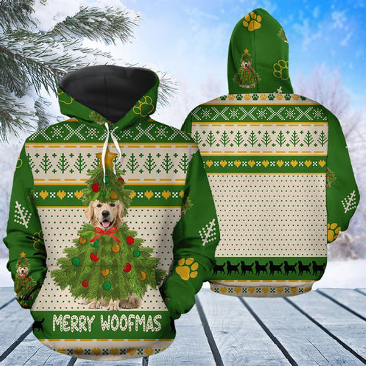 FUNSTUFFPRINT 3D Golden Retriever Merry Woofmas All Over 3D Hoodie and Zip Hoodie