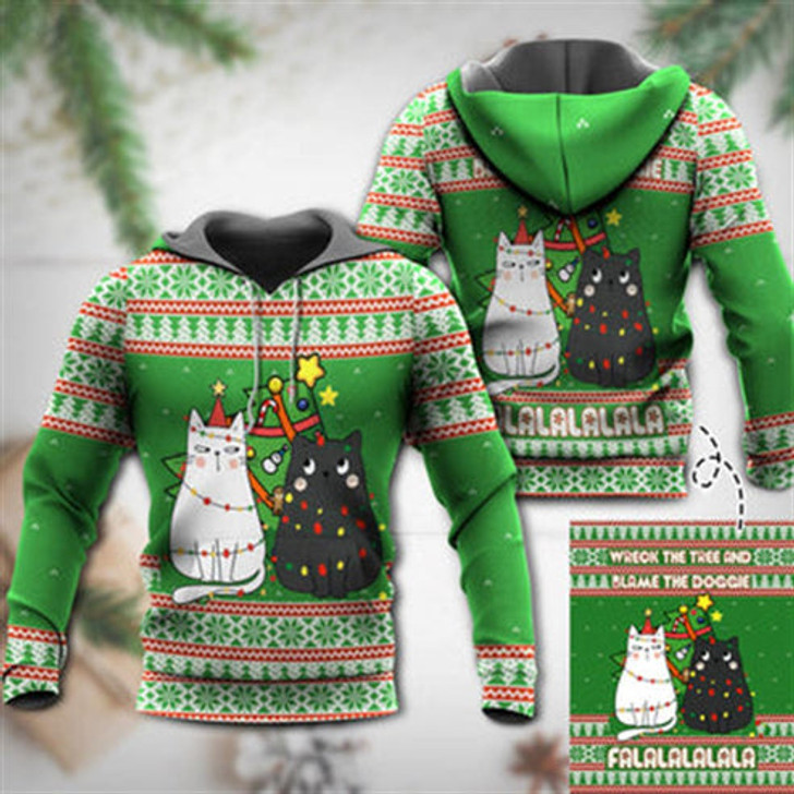 FUNSTUFFPRINT 3D Cat Wreck The Tree Meowy Christmas All Over 3D Hoodie and Zip Hoodie