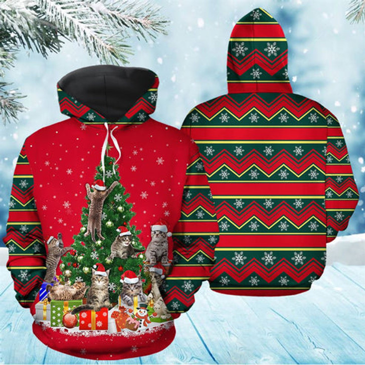 FUNSTUFFPRINT 3D Cat Christmas Tree 1 All Over 3D Hoodie and Zip Hoodie