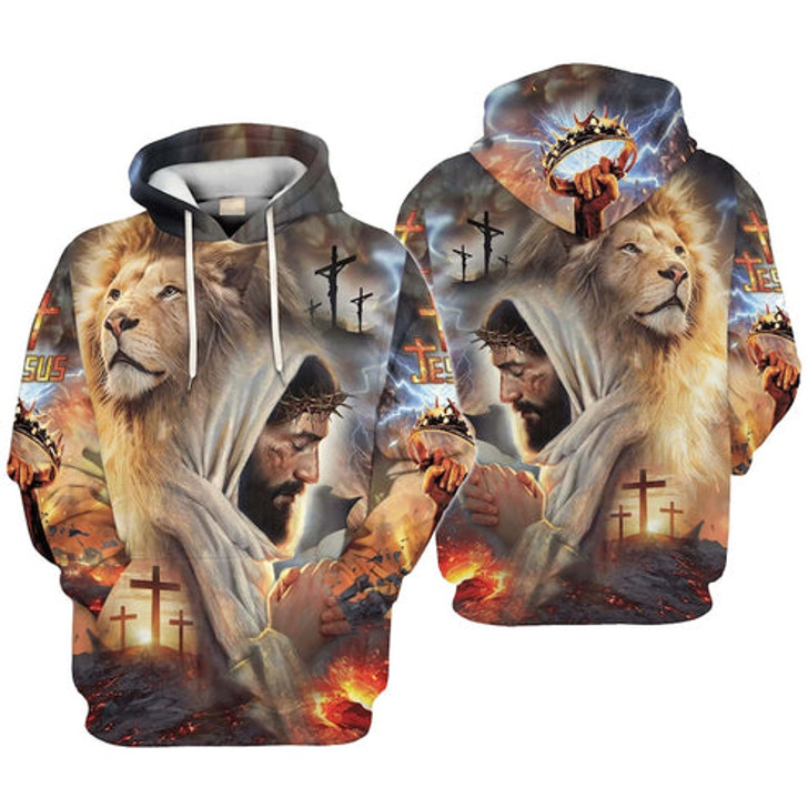 FUNSTUFFPRINT  3D Personalized Name Faith Over Fear Christian Jesus Lion 3D Hoodie and Zip Hoodie
