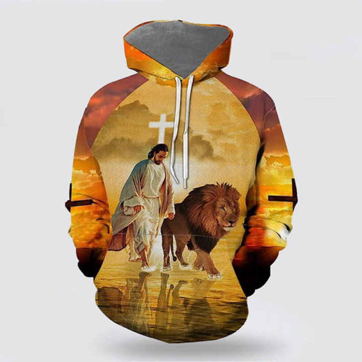 FUNSTUFFPRINT 3D Jesus Walks With Lion Fall For Jesus He Never Leaves 3D Hoodie and Zip Hoodie