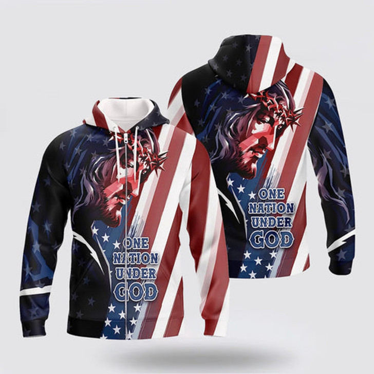 FUNSTUFFPRINT 3D Jesus And American Flag One Nation Under God 1 3D Hoodie and Zip Hoodie