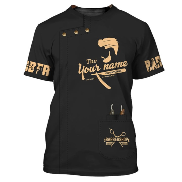 FUNSTUFFPRINT 3D All Over Print Golden Haircut & Shaves Shirt, Custom Barber Uniform Black & Red, Barber Shirt 3D T-shirt