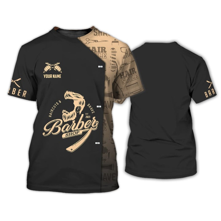 FUNSTUFFPRINT Personalized Name Golden Haircut & Shaves Barber Shop, Idea Gift for Barber Shop 3D T-shirt