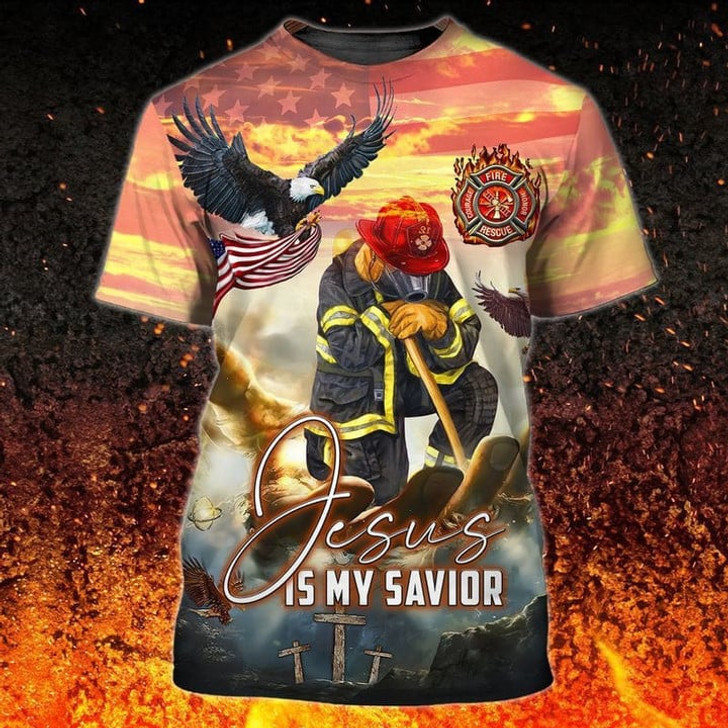 FUNSTUFFPRINT Jesus Is My Savior Firefighter T-Shirt, Eagle Flag American Firefighter 3D Shirt 3D T-shirt