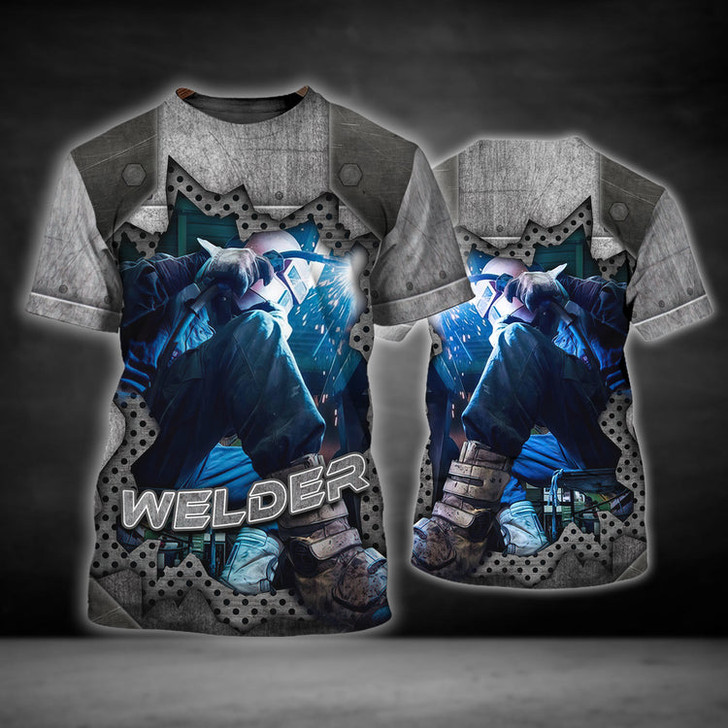 FUNSTUFFPRINT Welder Blue Graphic Design 3D Printed Shirts, Welder Work Shirts, Birthday Gift for Welder Dad 3D T-shirt