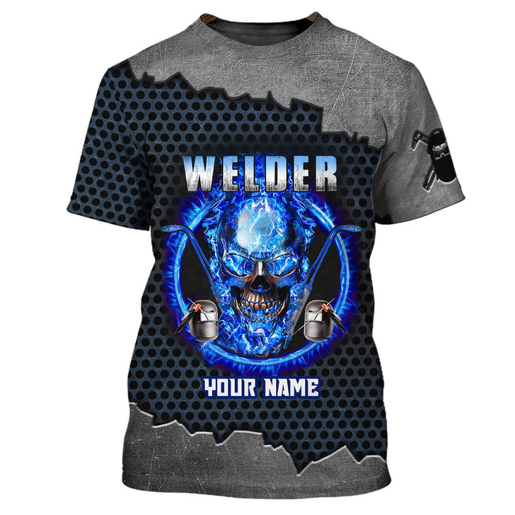 FUNSTUFFPRINT Grumpy Old Welder 3D Shirts Personalized Name, Skull On Blue Fire Welder Shirt 3D T-shirt