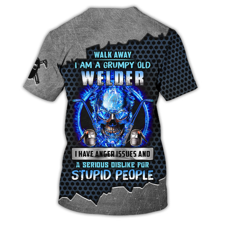 FUNSTUFFPRINT Grumpy Old Welder 3D Shirts Personalized Name, Skull On Blue Fire Welder Shirt 3D T-shirt