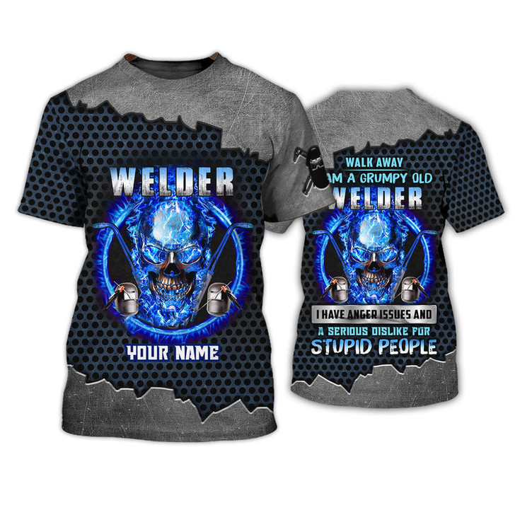 FUNSTUFFPRINT Grumpy Old Welder 3D Shirts Personalized Name, Skull On Blue Fire Welder Shirt 3D T-shirt