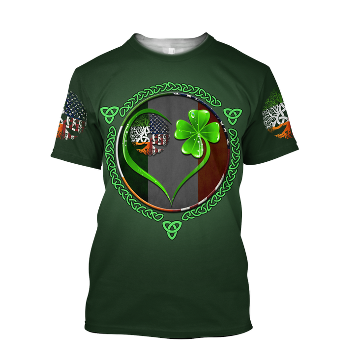 FUNSTUFFPRINT Dilypod Premium Irish Saint Patrick's Day Printed Unisex Shirts, Heart Shamrock Lucky Ireland USA Flag Shirt 3D T-shirt