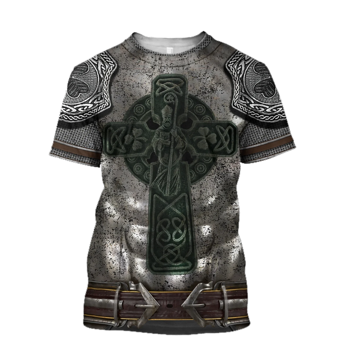 FUNSTUFFPRINT 3D All Over Print Celtic Cross Irish Armor Knight Warrior Shirt, Gift for Irish Man in St Patrick's Day 3D T-shirt